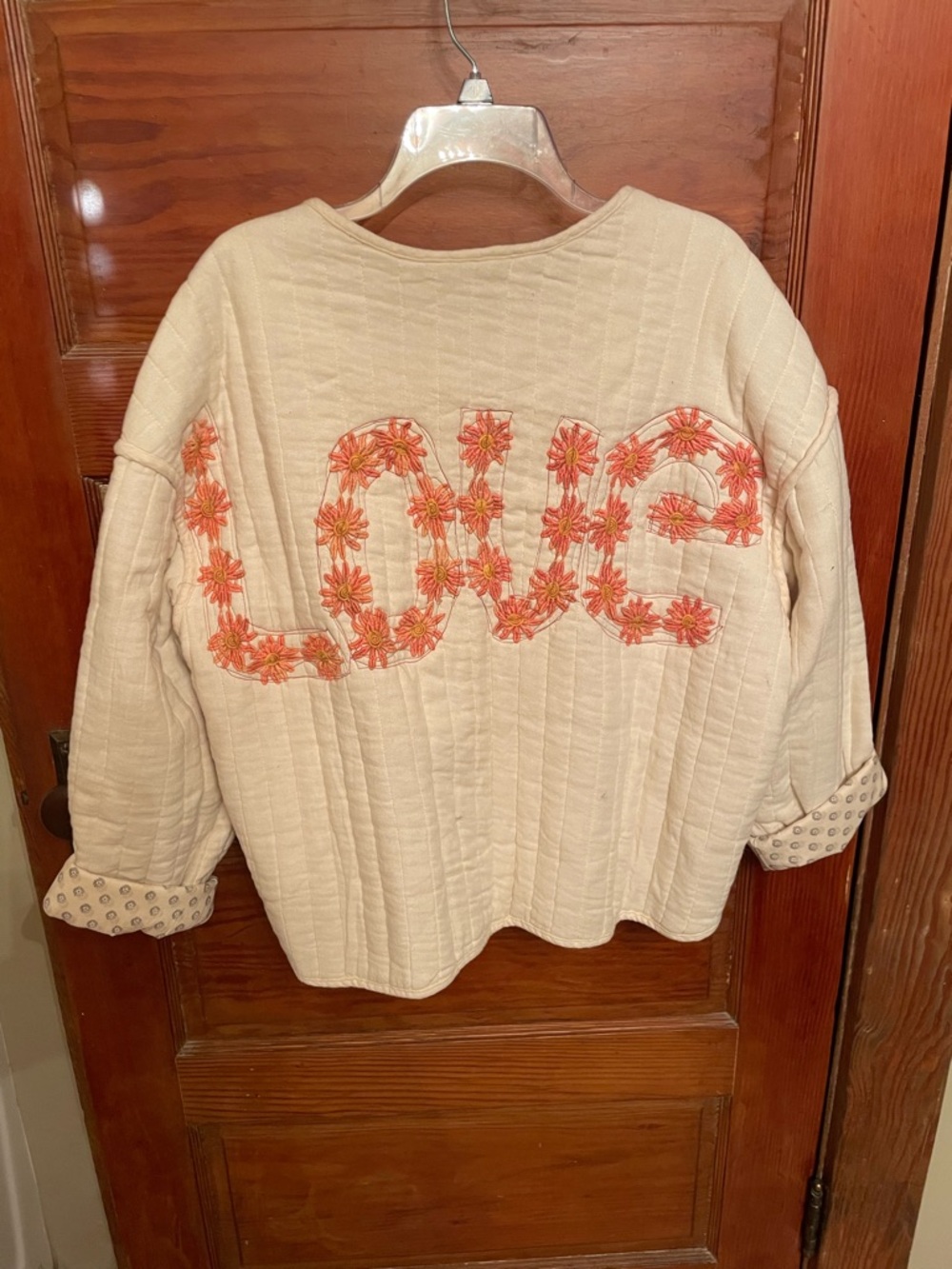 Upcycled Old Navy Cream Quilted Jacket with Navy Dot Print Lining